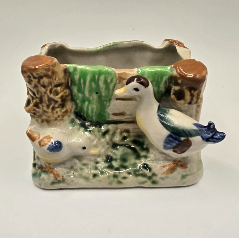 Vintage Hand Painted Small Ceramic Planter Vase W/Mallard Ducks 1950's Japan
